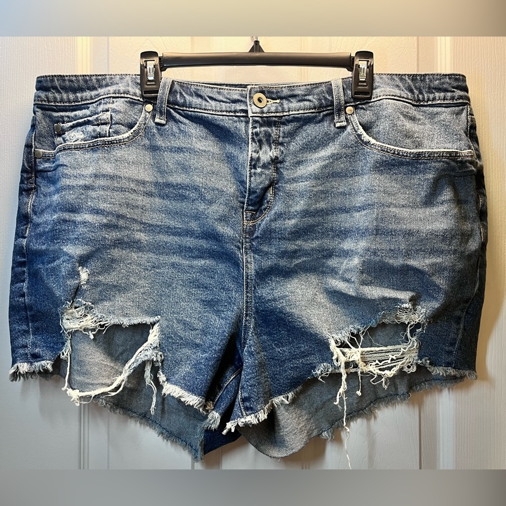 Distressed High-Rise Denim Shorts - Blue